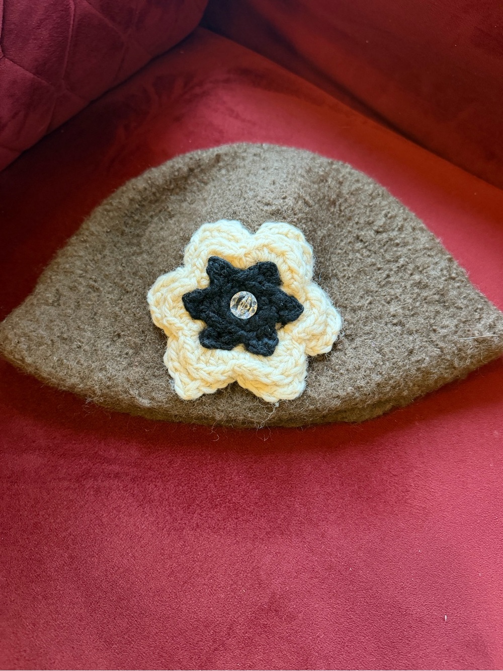 Brown Wool Beret with Cream & Black Crochet Flower Accent